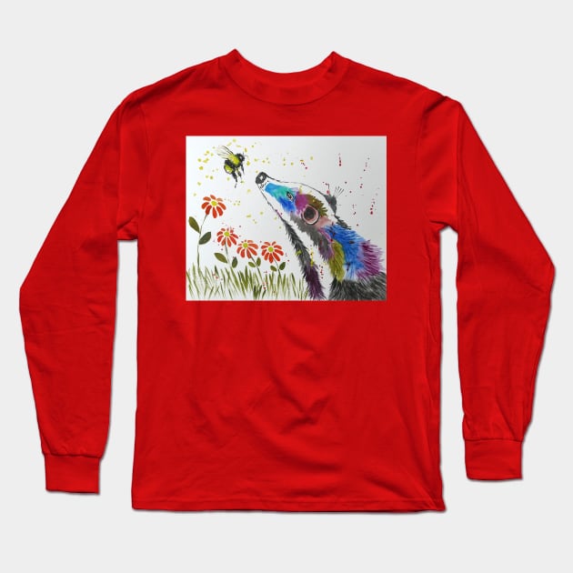 Colourful Badger and a Bee among Flowers Long Sleeve T-Shirt by Casimirasquirkyart